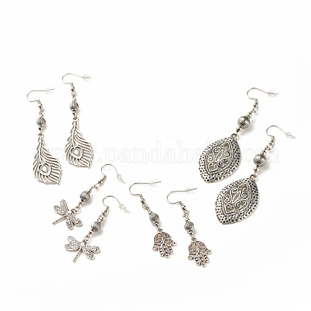 5 Pairs 5 Style Horse Eye & Dragonfly & Feather & Hamsa Hand & Donut Alloy Dangle Earring EJEW-JE04911-1