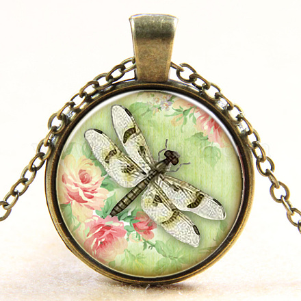 Dragonfly with Flower Pattern Flat Round Glass Pendant Necklaces NJEW-N0051-033C-01-1