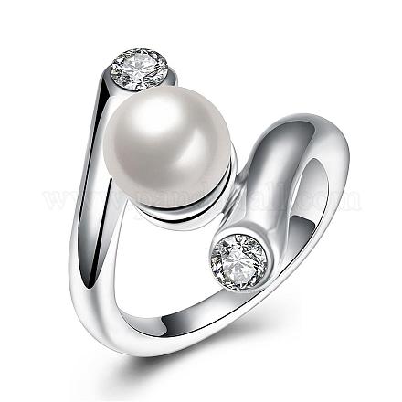 模造パールの指輪  チェコラインストーン付きスズ合金  ラウンド  プラチナ  サイズ6  16.5mm RJEW-BB17609-6-1