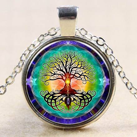 Tree Of Life Pattern Flat Round Glass Pendant Necklaces NJEW-N0051-048J-02-1