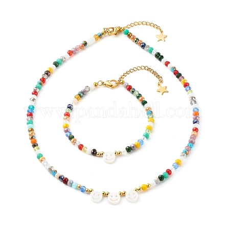 Set di bracciali e collana di perle di vetro placcato SJEW-JS01200-1