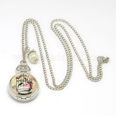 Сплав фарфор плоские круглые ожерелье карманные часы WACH-N013-08-1