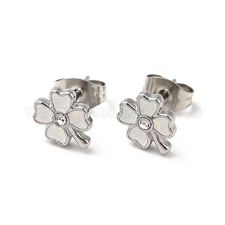 Enamel Clover with Crystal Rhinestone Stud Earrings with 316 Surgical Stainless Steel Pins EJEW-A081-12P-03-1