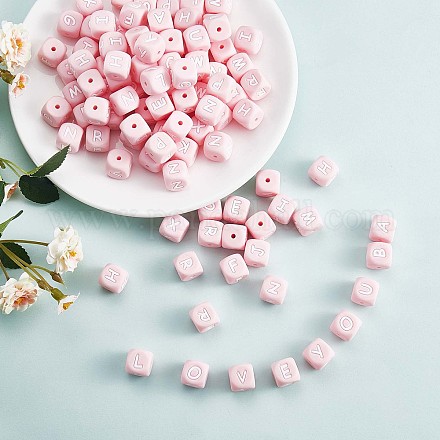 20Pcs Pink Cube Letter Silicone Beads 12x12x12mm Square Dice Alphabet Beads with 2mm Hole Spacer Loose Letter Beads for Bracelet Necklace Jewelry Making JX435V-1