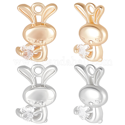 Beebeecraft 10Pcs/Box 2 Colors Easter Bunny Charms 18K Gold & Platinum Plated Brass Rabbit with Cubic Zirconia Pandent Chinese New Year 2023 Rabbit Charms for Jewelry Making KK-BBC0003-80-1