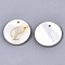 Natural Freshwater Shell Pendants, with Golden Plated Brass Etched Metal Embellishments, Flat Round with Letter, Letter.P, 15x2mm, Hole: 1.2mm