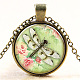 Dragonfly with Flower Pattern Flat Round Glass Pendant Necklaces NJEW-N0051-033C-01-1