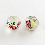 Perles rondes avec image de fleur en verre transparent mat, rouge violet pâle, 14x13mm, Trou: 1.5mm