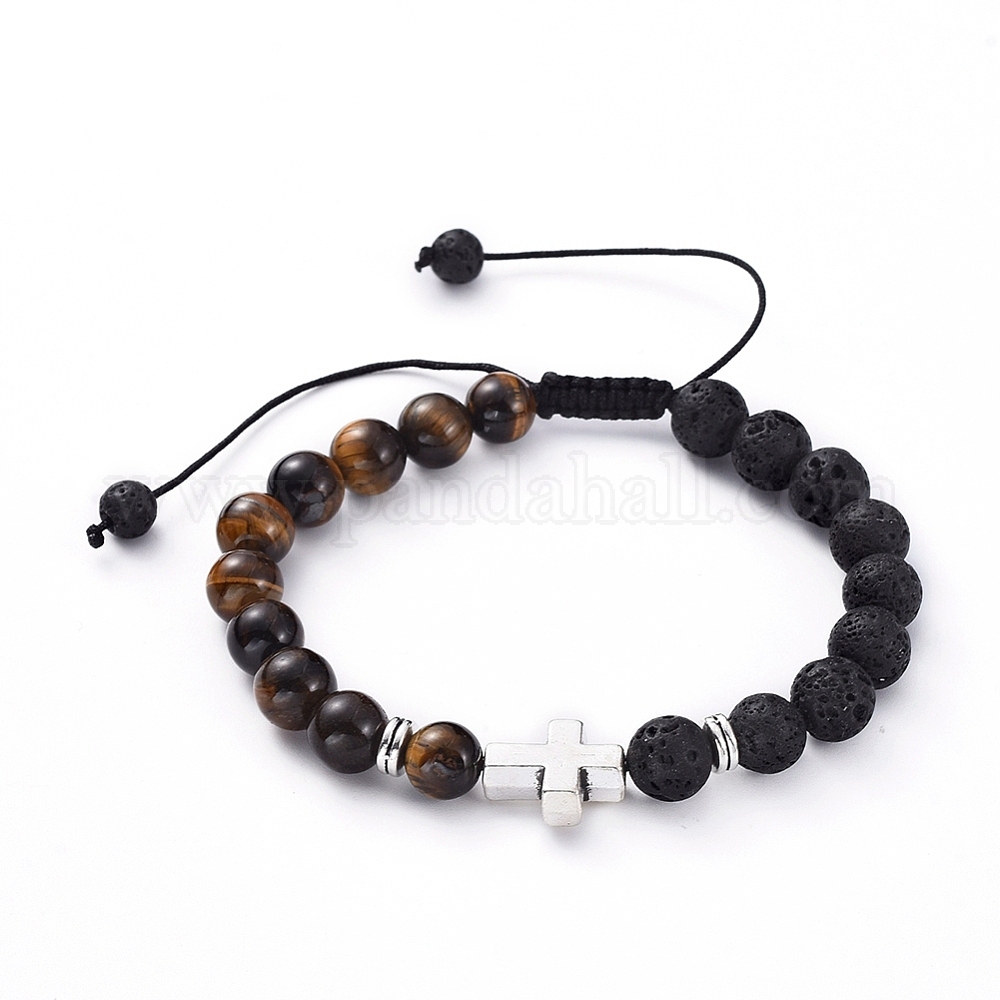 Bracelet Pierre De Lave Naturelle - Perles Noires - Cordons Réglables (17-25cm)