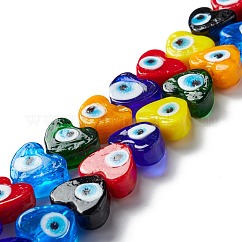 Hechos a mano de los abalorios del lampwork del ojo malvado, corazón, color mezclado, 14.5~15x15.5~16x6.5~7.5mm, agujero: 1~1.6 mm, aproximamente 25 pcs / cadena, 14.02~13.66 pulgada (34.7~35.6 cm)