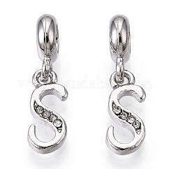 Abalorios colgantes europeos de rhinestone de aleación chapada en bastidor de platino, Grandes colgantes agujero, carta, sin plomo y cadmio, letter.s, 23~27mm, agujero: 4.5 mm, colgantes: 13~16.5x6~14x2 mm, agujero: 2 mm