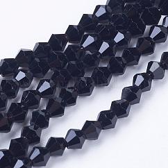Imitación austriaco cristal 5301 bicono cuentas, Cuentas de vidrio facetado hebras, negro, 4x4mm, agujero: 0.8~1 mm, aproximamente 75~78 pcs / cadena, 28~29 cm