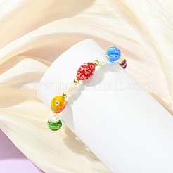 Pulseras elásticas hechas a mano con cuentas de vidrio millefiori y perlas cultivadas naturales de agua dulce para mujer.&nbsp;BJEW-JB13848