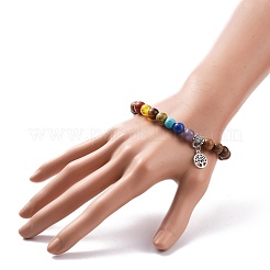 Bracelet extensible en perles rondes en bois naturel et pierres précieuses avec breloque arbre en alliage&nbsp;BJEW-JB08100