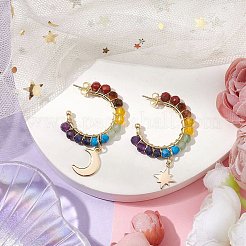 Boucles d'oreilles demi-créoles avec pierres précieuses rondes à facettes chakra lune et étoile&nbsp;EJEW-JE05898