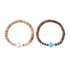 2 Stück Stretch-Armbänder mit Kreuz aus natürlicher Kokosnuss und synthetischen türkisfarbenen Perlen für Damen&nbsp;BJEW-JB11388