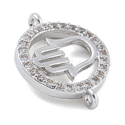 Pendentif en laiton plaqué micro pavé de zircones cubiques transparentes rondes et plates avec breloques de connecteur en forme de main de Fatima&nbsp;KK-A234-039P