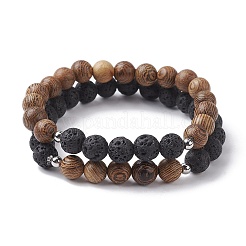 Braccialetto elasticizzato con perline rotonde in legno e pietra lavica naturale&nbsp;BJEW-JB10075