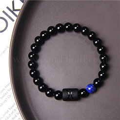 12 costellazioni protezione lapislazzuli e ossidiana nera perline rotonde braccialetti elastici per uomo donna&nbsp;WG083ED-10