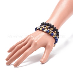 4 pièces 4 style roche de lave naturelle et lapis lazuli (teint) et bracelets extensibles en hématite synthétique sertis de coquille en alliage perlé&nbsp;BJEW-JB08738