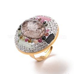 Anello regolabile con perline di quarzo lodolite naturale e tormalina con strass di cristallo&nbsp;G-I330-14G