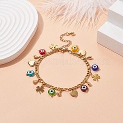 Bracciale con ciondoli a forma di cuore di malocchio e trifoglio in ottone con catene in acciaio inossidabile da donna&nbsp;BJEW-TA00141