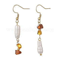 Boucles d'oreilles pendantes en ambre naturel et perles baroques keshi naturelles&nbsp;EJEW-JE07533