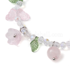 Bracelet extensible en quartz rose naturel et perles de verre avec breloques florales&nbsp;BJEW-JB10176-02