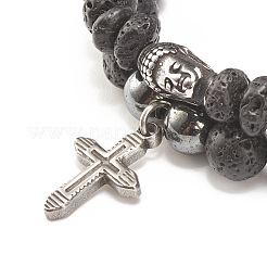 Juego de 2 pulsera elástica de 2 estilos de roca de lava natural y hematita sintética con cabeza y cruz budista de acero inoxidable 304&nbsp;BJEW-JB08289