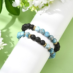 Bracciali elastici regolabili in apatite naturale e pietra lavica naturale&nbsp;BJEW-JB14150-04