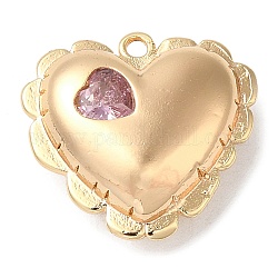 Colgantes de latón, con vidrio, sin níquel, charms del corazón, real 18k chapado en oro, rosa, 15.5x16.5x6.5mm, agujero: 1.2 mm