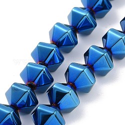 Electroplated Non-magnetic Synthetic Hematite Beads Strands, Faceted, Bicone, Blue Plated, 8x10x8.5mm, Hole: 0.8mm, about 49pcs/strand, 15.75 inch(40cm)