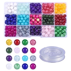 375 pièces 15 couleurs perles de jade blanches naturelles rondes et fil élastique, pour les kits de fabrication de bracelets de bricolage, couleur mixte, 8mm, Trou: 1mm, 375 pièces / kit