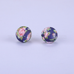 Rond imprimé avec perles focales en silicone à motif floral, rose, 15x15mm, Trou: 2mm