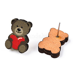 Orecchini a bottone in legno con stampa a tema San Valentino da donna, con 316 perni in acciaio inox, orso, 17x12mm