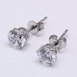 Cubic Zirconia Ear Studs, with 304 Stainless Steel Base, Flat Round, Stainless Steel Color, 10mm, Pin: 0.7mm