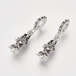 Alloy European Dangle Charms, with Rhinestone and ABS Plastic Imitation Pearl, Large Hole Pendants, Mermaid, Crystal, Antique Silver, 31mm, Hole: 5mm