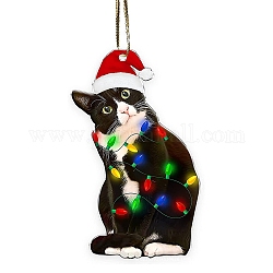 Christmas Cat Shape Acrylic Pendant Decoration, with Nylon Rope and Iron Bell, for Car Rear View Mirror Hanging Ornament, Hat, 79x42x4mm, Hole: 2.5mm