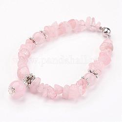 Naturel rose de bracelets de perles de quartz, avec fermoir magnétique en laiton, 7-1/8 pouce (18 cm)