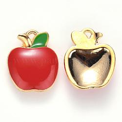 Breloques d'émail en alliage, pomme, or clair, rouge, 15x12x3mm, Trou: 0.9mm