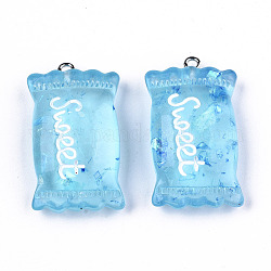 Transparent Resin Pendants, with Paillette & Platinum Tone Iron Peg Bail, Candy with Word Sweet, Light Sky Blue, 37x20.5x9.5mm, Hole: 2mm