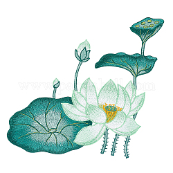 蓮の花と蓮の花のさやの模様 ポリエステル生地 コンピュータ化された刺繍布 縫い付けアップリケ  衣装チャイナアクセサリー  ティール  240x240x1mm