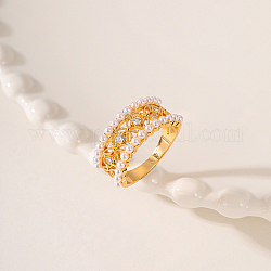 Micro latón pavimenta el anillo de dedo de zirconia cúbico, con la perla de plástico, real 18k chapado en oro, nosotros tamaño 8 (18.1 mm)