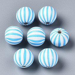 Painted Natural Wood European Beads, Large Hole Beads, Printed, Round with Stripe, Light Sky Blue, 16x15mm, Hole: 4mm