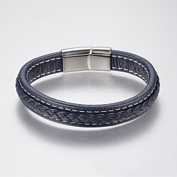 Braided Leather Cord Bracelets, with 304 Stainless Steel Magnetic Clasps, Marine Blue, 8-5/8 inch(220mm), 29x14x8mm