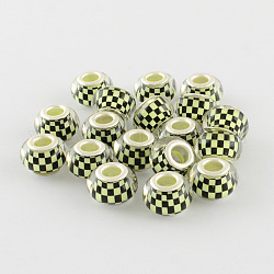 Mosaic Pattern Acrylic European Beads, with Silver Tone Brass Double Cores, Large Hole Rondelle Beads, Green Yellow, 14x9mm, Hole: 5mm