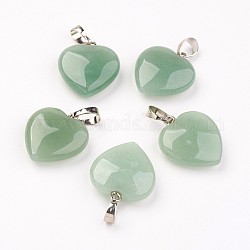 Pendenti avventurina verde naturale, cuore, con accessori di ottone, platino, 22~23x20~20.5x6~7.5mm, Foro: 5x8 mm
