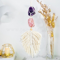 Cotton Macrame Pouch Feather Shape Pendant Decorations, with Natural Amethyst & Rose Quartz Nuggets, 400~450mm