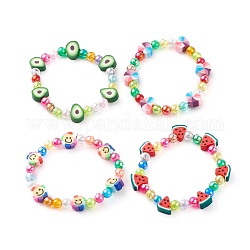 Bracelets enfants extensibles, avec de l'acrylique transparent écologiques et des perles d'argile polymère fruits & coeurs & tournesols, couleur mixte, diamètre intérieur: 1-7/8 pouce (4.8 cm)