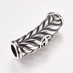 304 Stainless Steel Beads, Curved, Large Hole Beads, Tube with Leaf & Fleur De Lis, Antique Silver, 28.5x10mm, Hole: 6mm